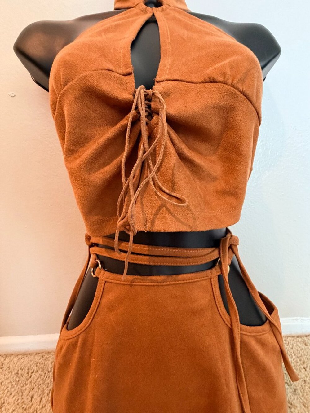 Faux Suede 2 Piece Convertible Crop Top & Cutout Mini Skirt Set Brown